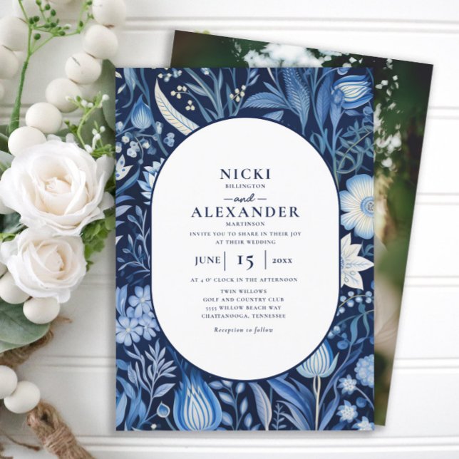 Navy Blue White Floral Arch Photo Wedding Invitation (Blue and white floral oval/double arch photo wedding invitation)