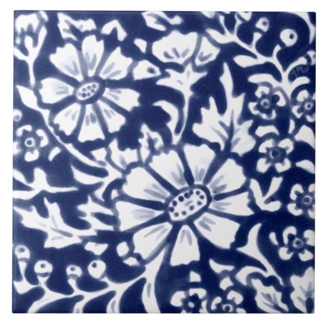 Navy Blue White Floral Daisy Leaf Chinoiserie Tile (Front)