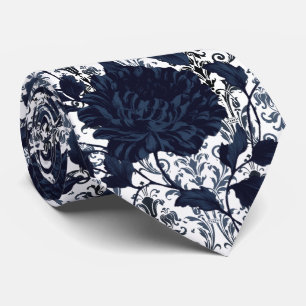 Navy Blue & White Floral Damask Aristocrat Wedding Tie