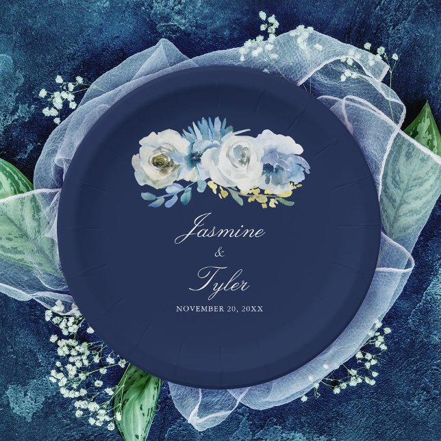 Navy Blue White Floral Elegant Minimalist Wedding  Paper Plate (Creator Uploaded)