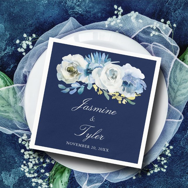 Navy Blue White Floral Elegant Modern Wedding  Napkin (Creator Uploaded)