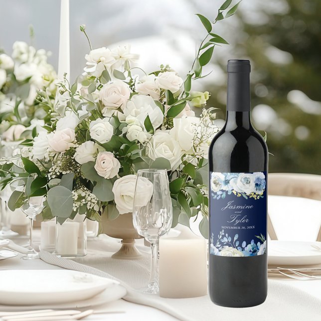 Navy Blue White Floral Elegant Modern Wedding Wine Label (Creator Uploaded)