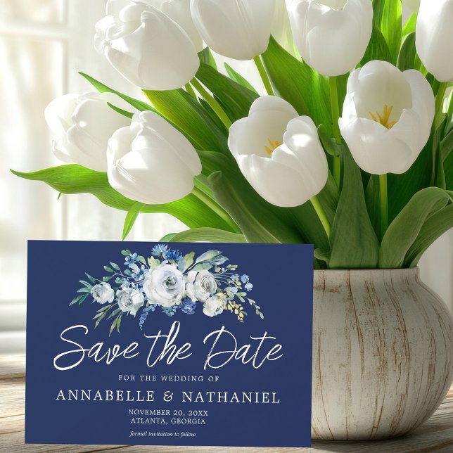 Navy Blue White Floral Elegant Winter Evening Save The Date (Creator Uploaded)