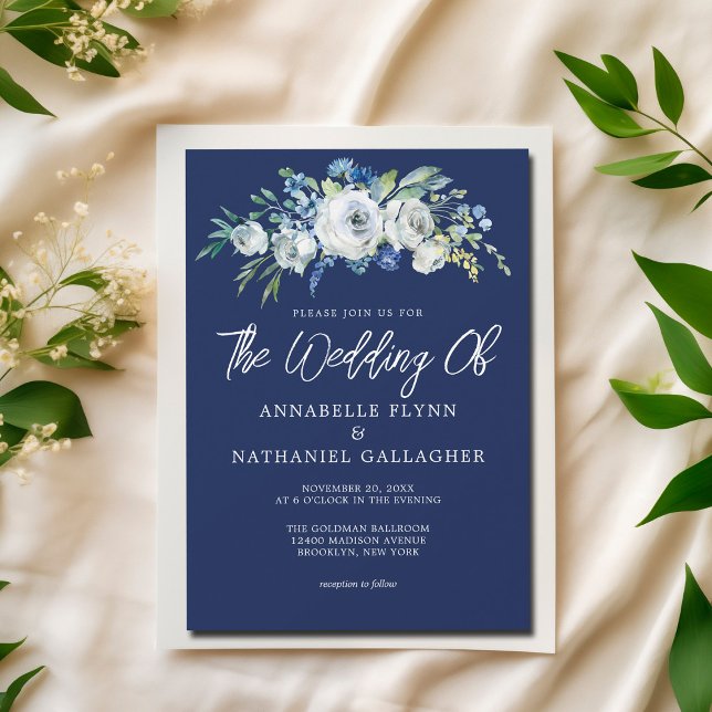 Navy Blue White Floral Elegant Winter Wedding Invitation (Creator Uploaded)