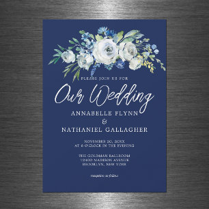 Navy Blue White Floral Elegant Winter Wedding Magnetic Invitation