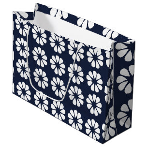 Navy Blue White Floral Large Gift Bag