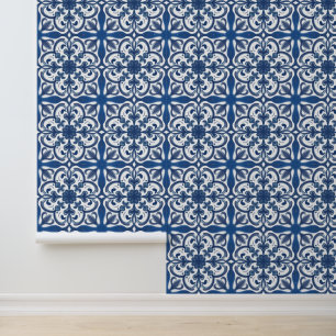 Navy Blue White Floral Mediterranean Tile Pattern  Wallpaper
