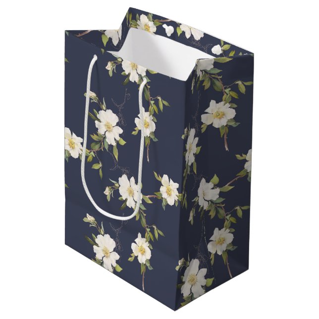 Navy Blue White Floral Medium Gift Bag (Front Angled)