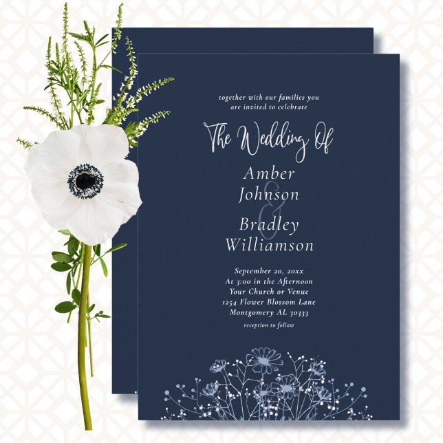 Navy Blue White Floral Minimal QR Code Wedding  Invitation (Creator Uploaded)