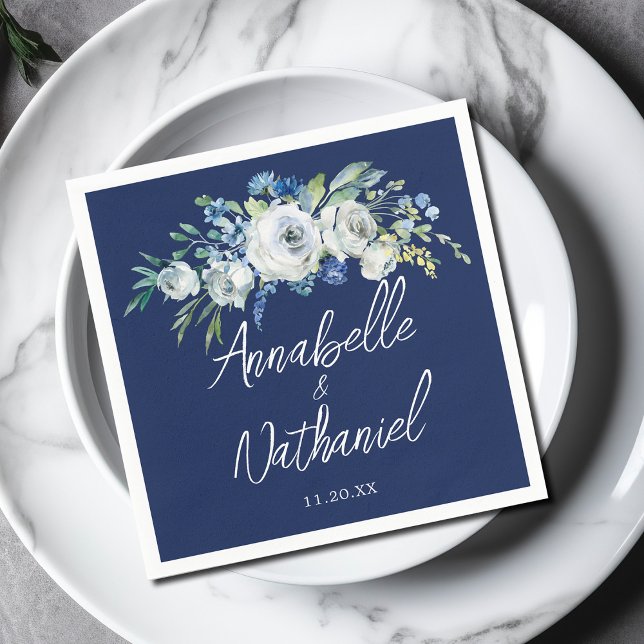 Navy Blue White Floral Modern Evening Wedding Napkin (Creator Uploaded)