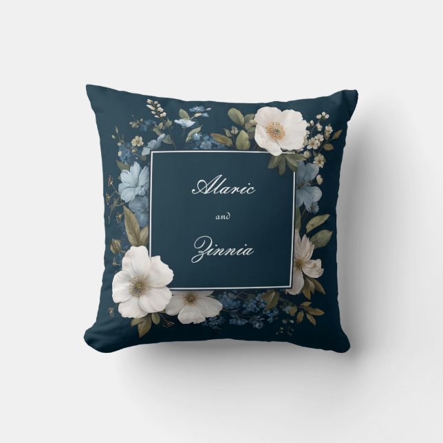Navy Blue White Floral Modern Square Frame Cushion (Front)