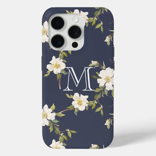 Navy Blue White Floral Monogram Case-Mate iPhone Case (Back)