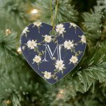 Navy Blue White Floral Monogram Ceramic Tree Decoration<br><div class="desc">Navy Blue White Flowers Monogram</div>