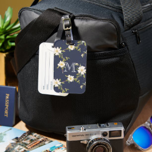 Navy Blue White Floral Monogram Luggage Tag