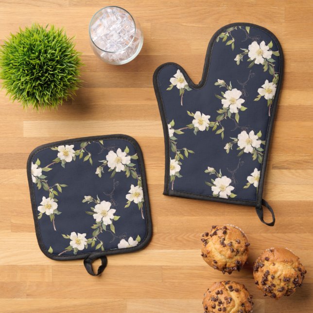 Navy Blue White Floral Oven Mitt & Pot Holder Set (Top Down)