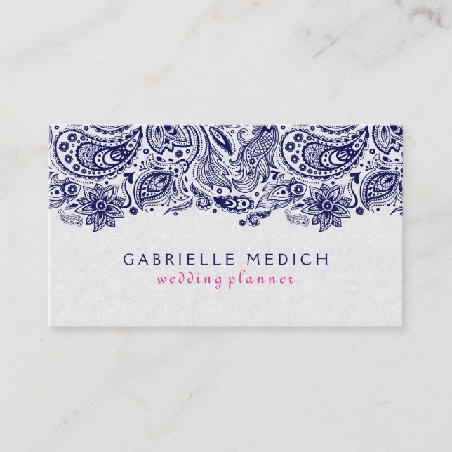 Navy Blue & White Floral Paisley Lace Business Card (Front)
