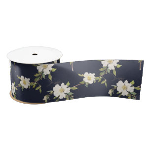 Navy Blue White Floral Satin Ribbon