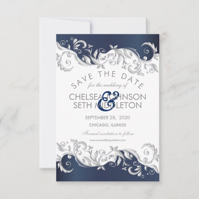 Navy Blue & White Floral Swirls Save The Date (Front)
