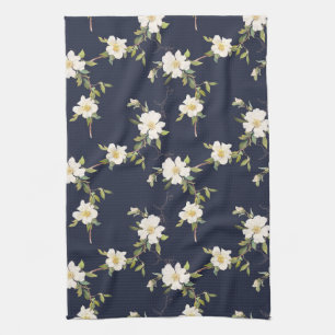 Navy Blue White Floral Tea Towel