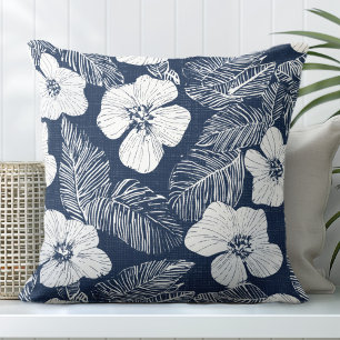Navy Blue & White Floral Throw Pillow