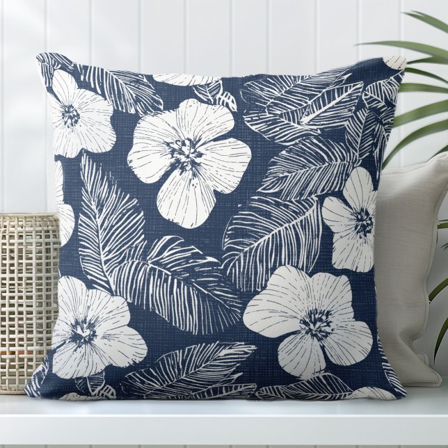 Navy Blue & White Floral Throw Pillow (Creator Uploaded)