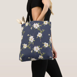 Navy Blue White Floral Tote Bag