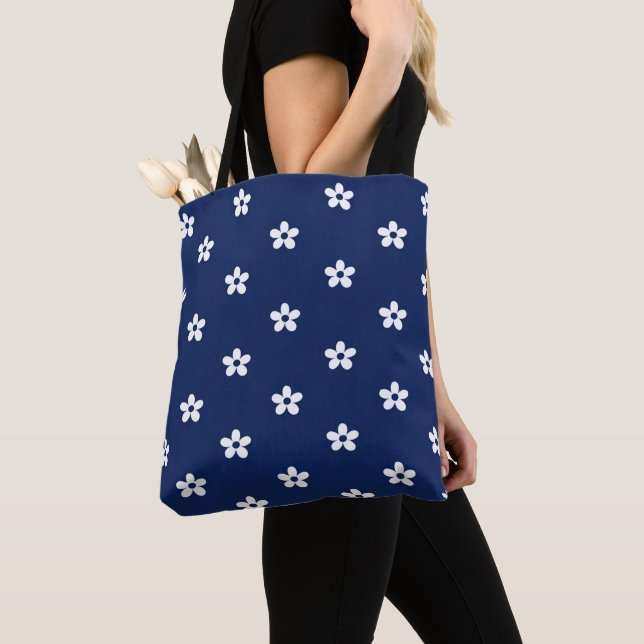 Navy Blue & White Floral   Tote Bag (Close Up)