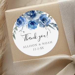 Navy blue white floral watercolor wedding favour classic round sticker