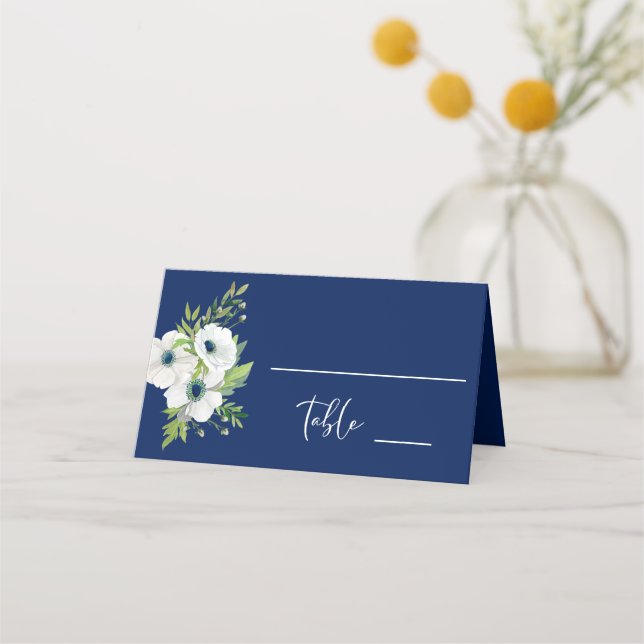 Navy Blue & White Floral Watercolor Wedding Place Card (Front)