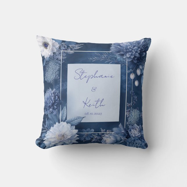 Navy Blue & White Floral Wedding  Cushion (Front)