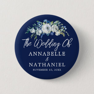 Navy Blue White Floral Wedding Personalised 6 Cm Round Badge