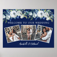 Navy Blue White Floral Wedding Photo Collage