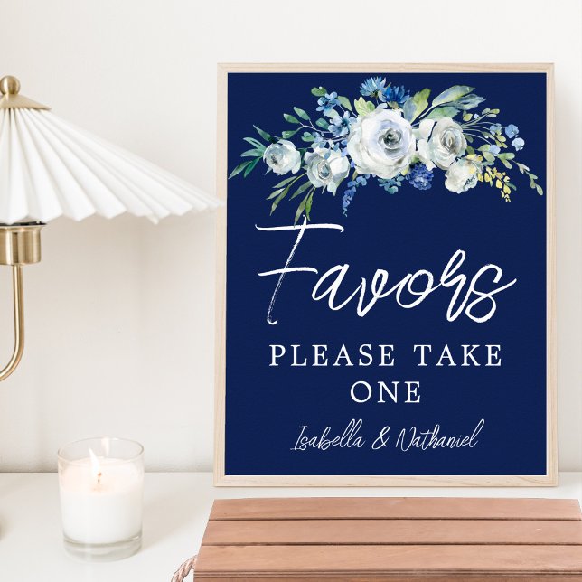 Navy Blue White Floral Winter Wedding Favors Poster (Creator Uploaded)
