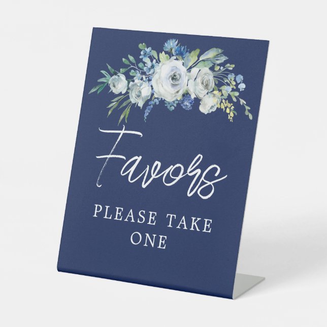 Navy Blue White Floral Winter Wedding Favours Pedestal Sign (Front)