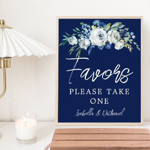 Navy Blue White Floral Winter Wedding Favours Poster