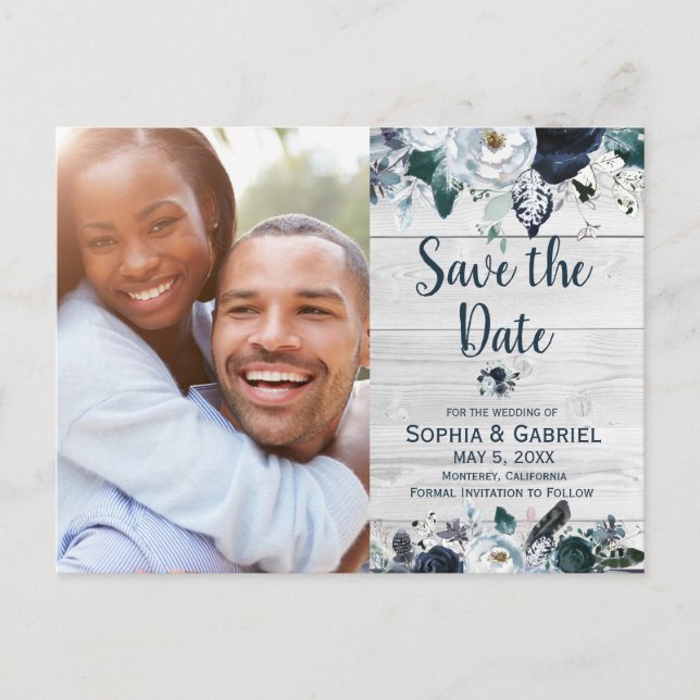 Navy Blue White Floral Wood Wedding Save the Date Announcement Postcard (Front)