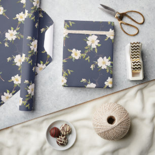 Navy Blue White Floral Wrapping Paper