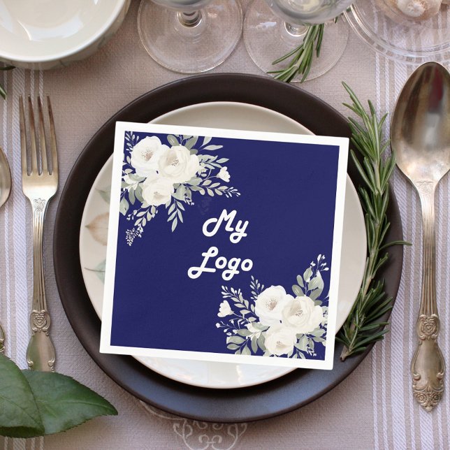 Navy blue white florals business logo napkin (Creator Uploaded)