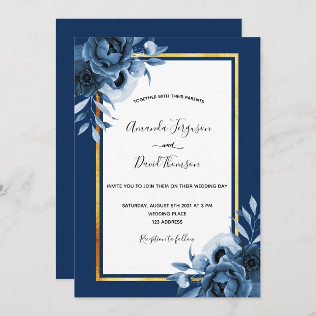 Navy blue white florals gold chic wedding invitation (Front/Back)