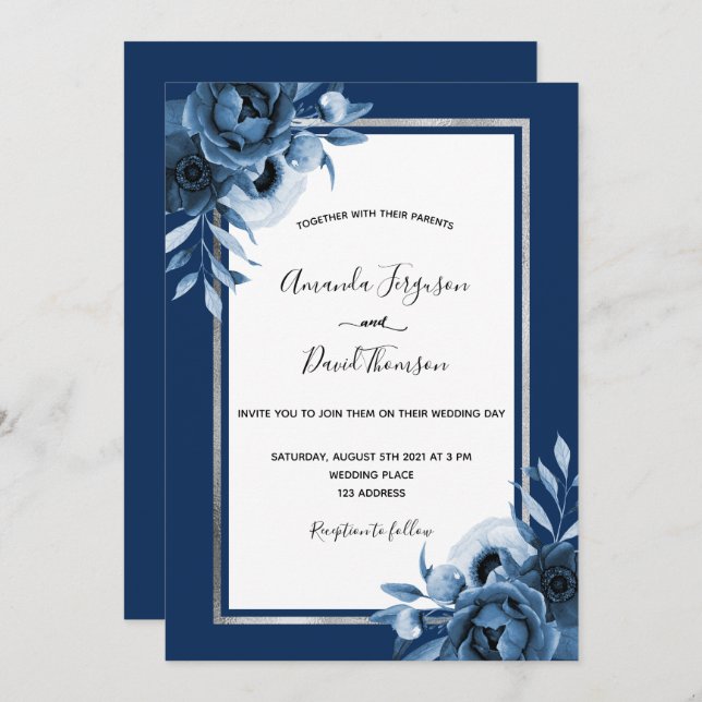 Navy blue white florals silver chic wedding invitation (Front/Back)