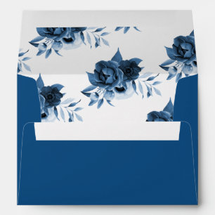 Navy blue white florals wedding envelope