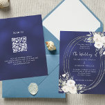 Navy blue white florals wedding QR RSVP invitation<br><div class="desc">A blue,  uneven coloured background. An oval faux silver frame decorated with watercolored white florals,  roses.  Personalise and add your names,  details.  White text. 
Back: add your website url to the QR code for RSVP and/or more details. 

1 sheet = 1 invitation printed edge to edge.</div>