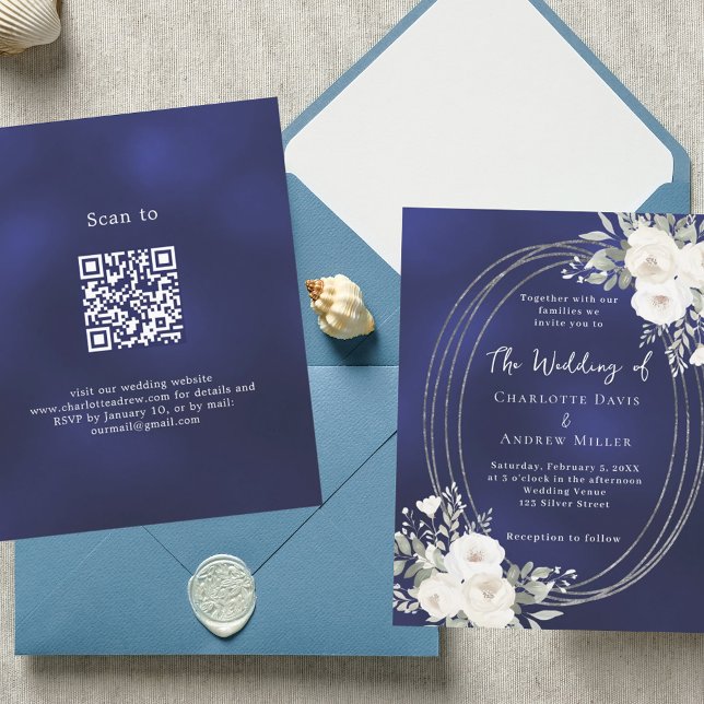 Navy blue white florals wedding QR RSVP invitation (Creator Uploaded)