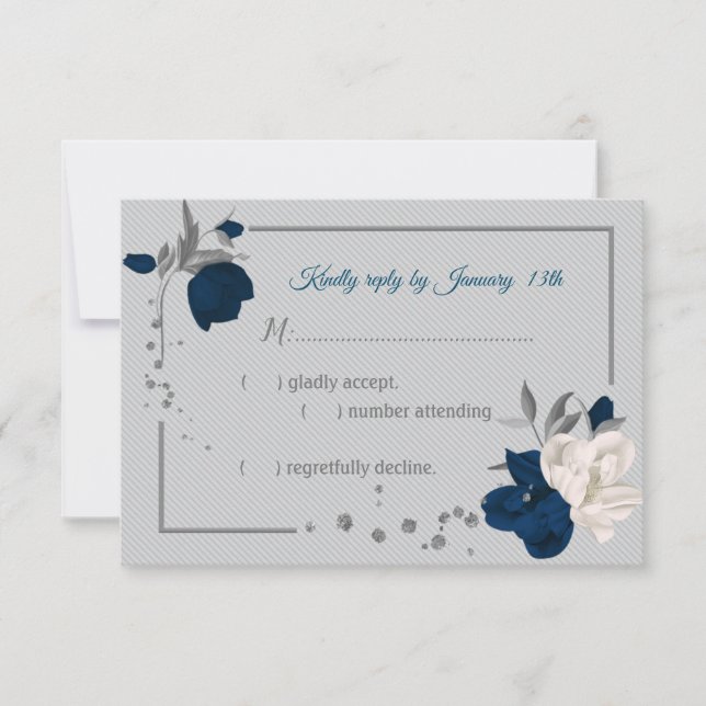 navy blue & white flowers botanical RSVP card (Front)