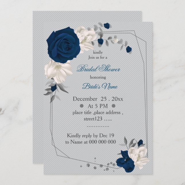 navy blue & white flowers geometric bridal shower invitation (Front/Back)