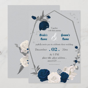 navy blue & white flowers geometric wedding invitation