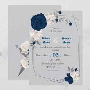 navy blue & white flowers geometric wedding invitation