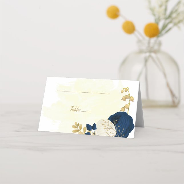 navy blue & white flowers gold botanical wedding place card (Front)