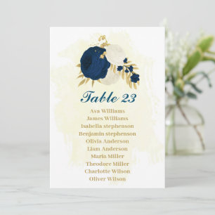 navy blue & white flowers gold seating chart card
