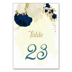 navy blue & white flowers gold wedding table numbe number